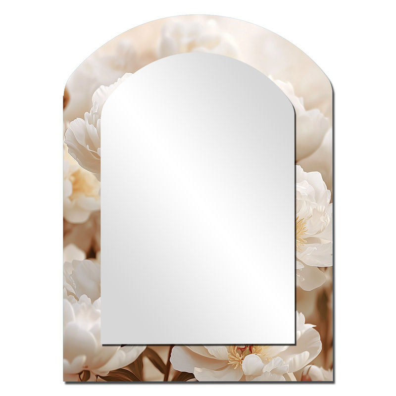 Peonies At The Chicken Feeder - White Arch Wall Mirror Decor, 34" x 25"