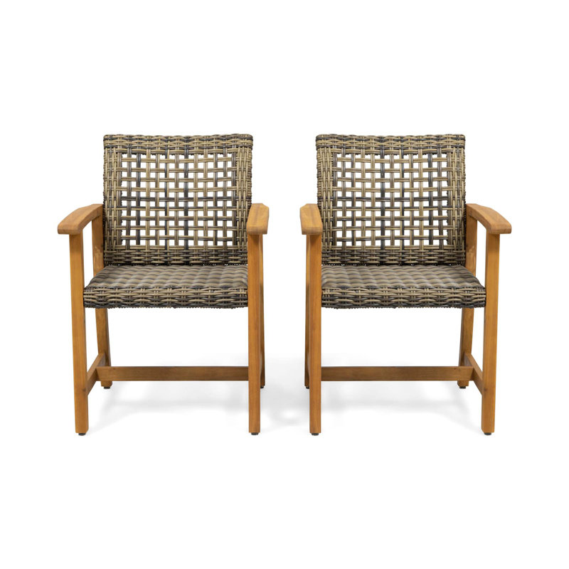 Acacia Wood and Wicker Outdoor Dining Chairs Set of 2, Natural Stained