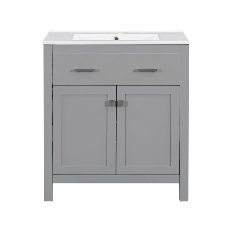 Meuble-lavabo de 30 po avec lavabo en céramique, armoire de salle de bain simple grise moderne avec 2 portes et une tablette, portes à fermeture douce