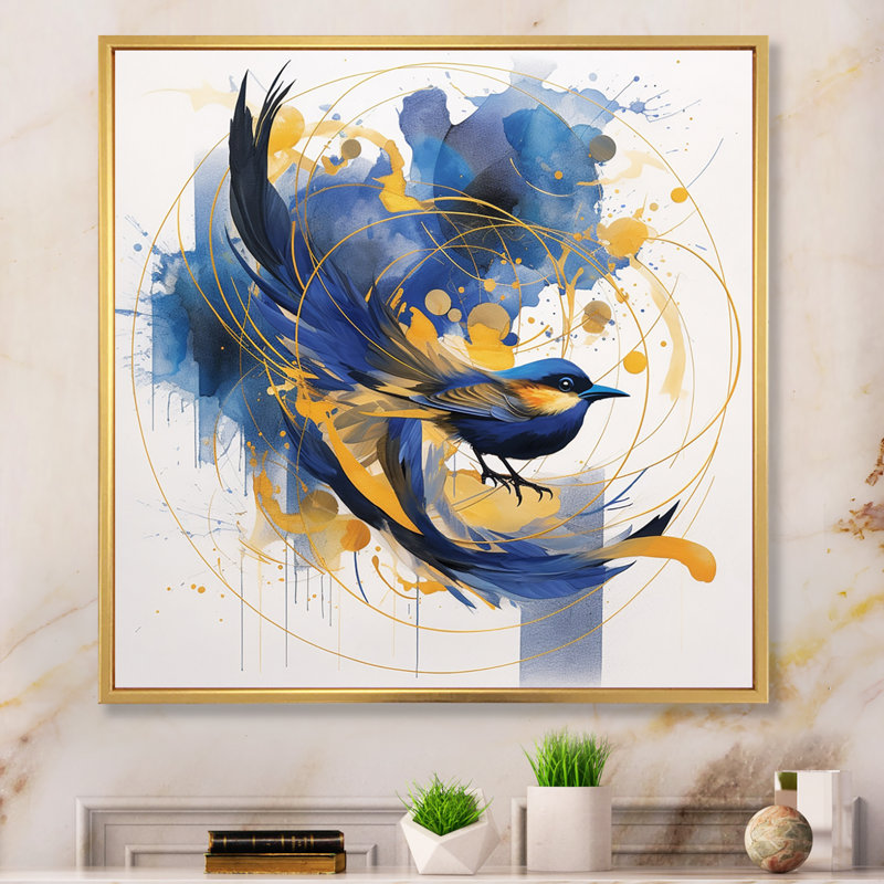 Bleu foncé et or, cercle abstrait, texture V, reproduction sur toile, H 16 po x l 16 po x P 1 po, Cadre flottant doré