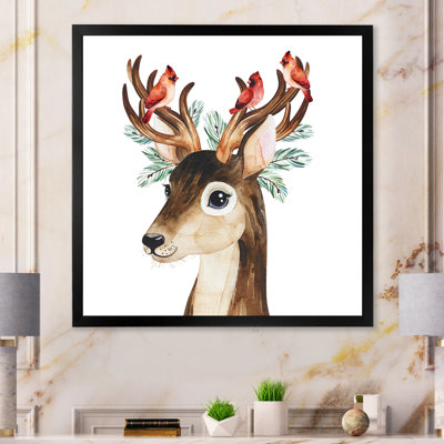 " Cartoon Deer Floral Wreath " Painting Print