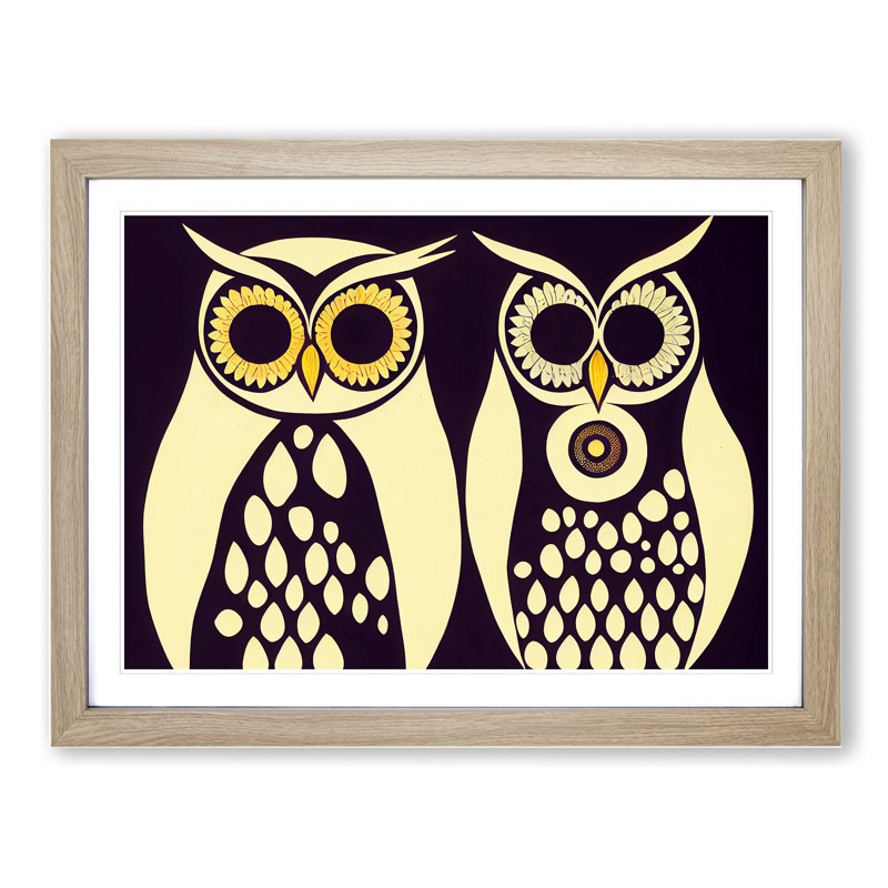 Retro Owls - Single Picture Frame Painting, 46cm H x 64cm W x 2cm D, Oak Framed