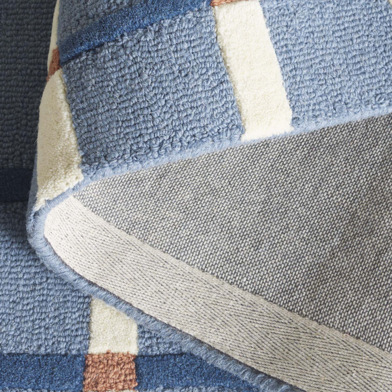 Tapis rayé bleu / ivoire en laine et coton touffeté à la main Zoticus, Rectangle 8 po x 10 po