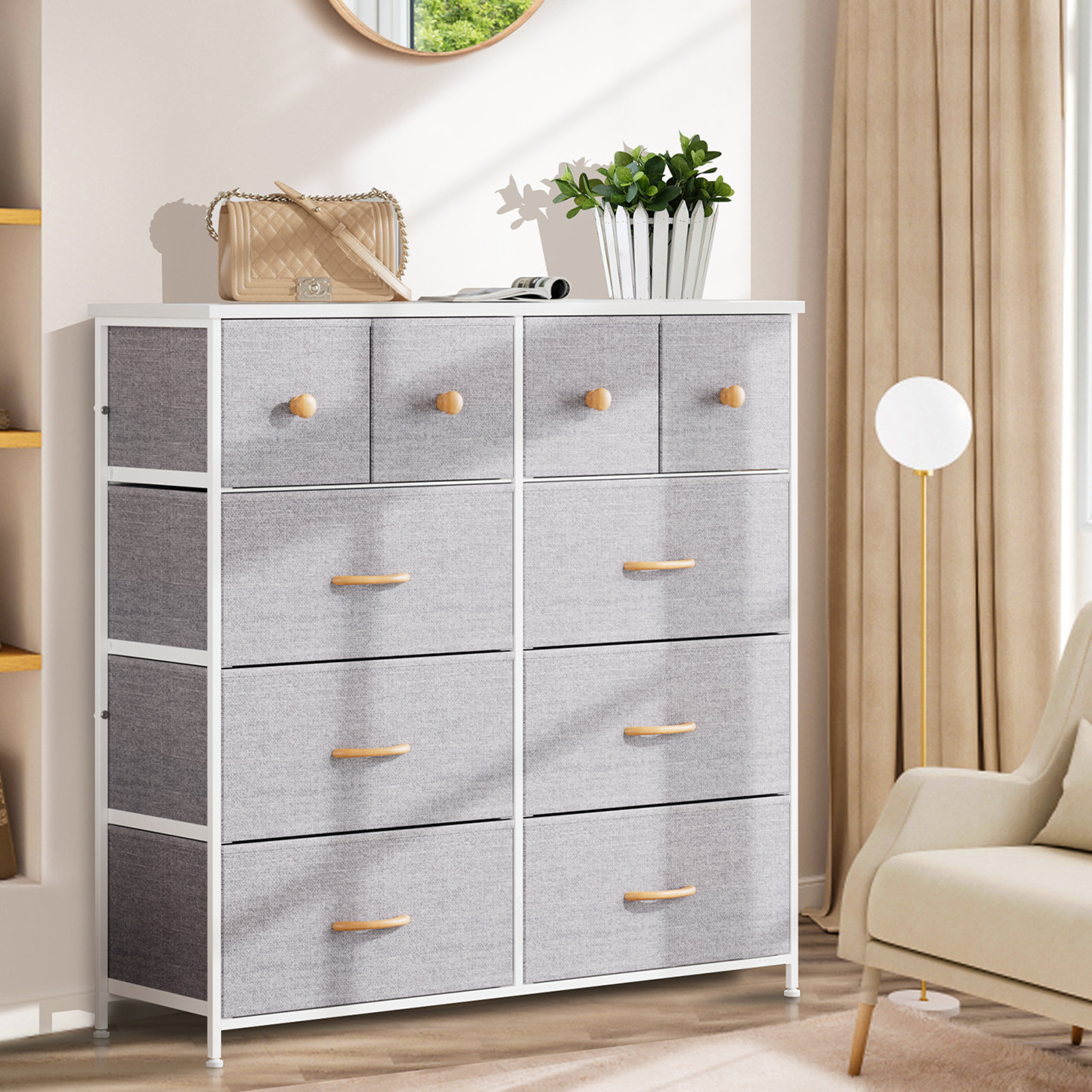 Yitahome  8 Drawer Fabric Dresser Storage Tower Wooden Top Light Gray