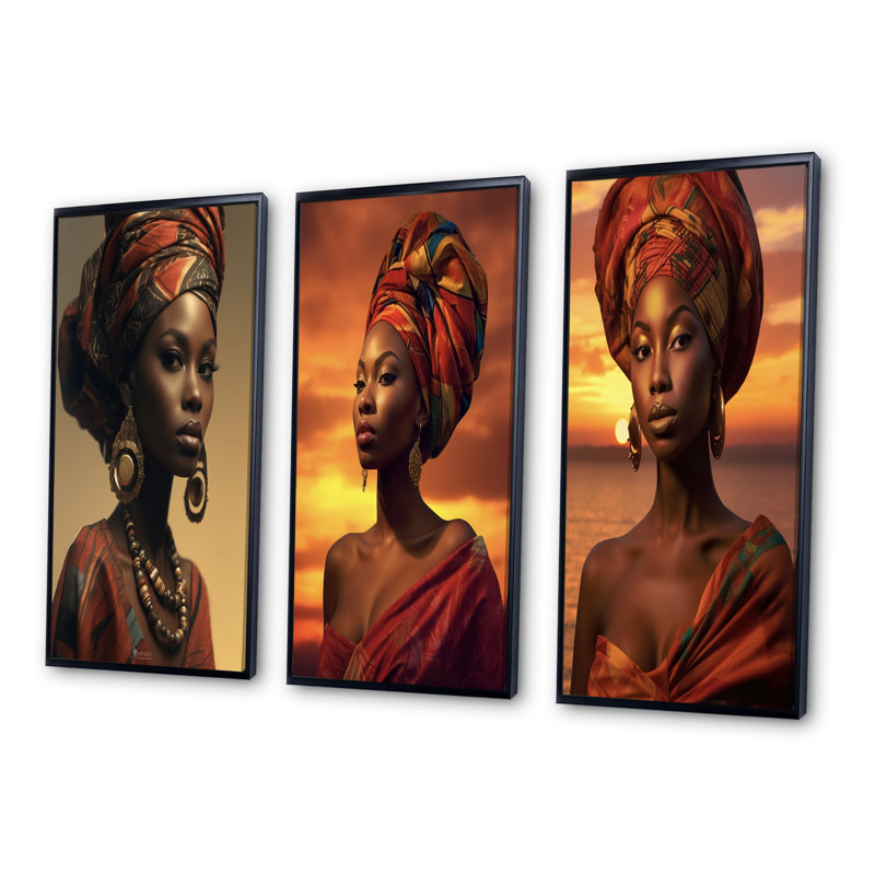"Beauté africaine en tenue traditionnelle au coucher du soleil", 3 pièces sur toile, Cadre flottant noir, H 32 po x l 48 po