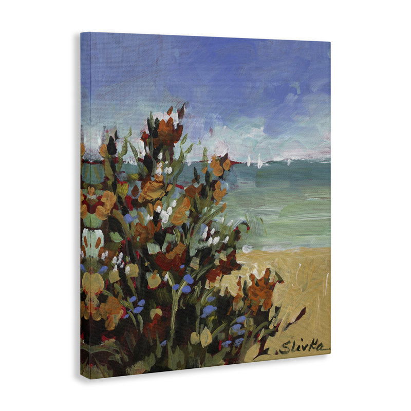 Art mural sur toile, "Voiliers à distance avec fleurs", design par JANE SLIVKA, H 20 po x l 16 po