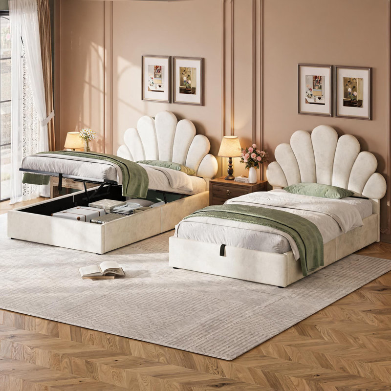 Upholstered Ottoman Bed, BEIGE+VELVET