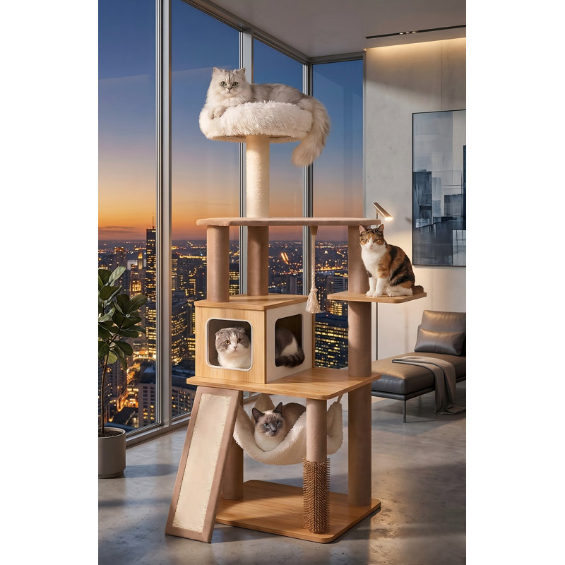 Tour pour arbre à chat 61 po moderne pour chats d'intérieur, tour d'escalade de luxe, salon moelleux, condos pour chat, hamac, poteaux à griffer, mobilier pour chat classique