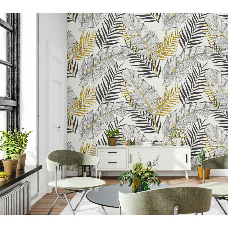 Papier peint à feuilles de palmier noir et blanc avec accents dorés, L 75 po x l 112 po