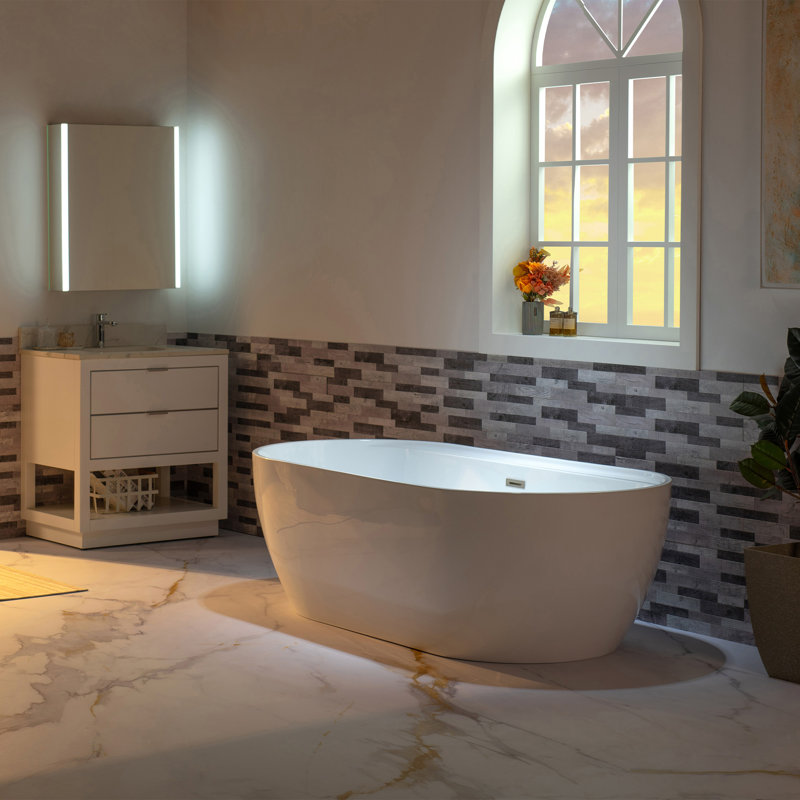 67" x 31.5" Freestanding Soaking Acrylic Bathtub, Brushed Nickel, White