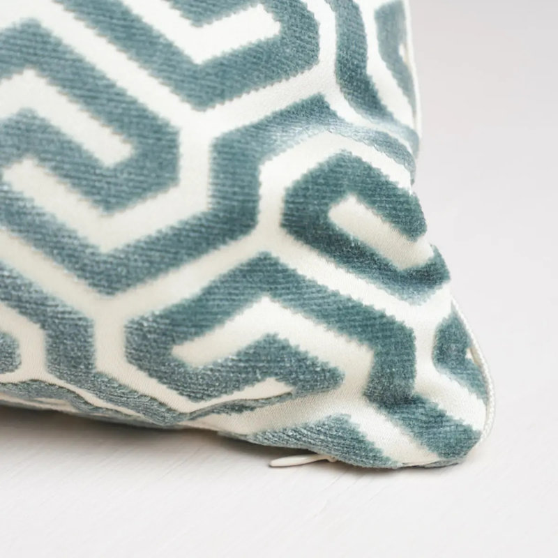 Ming Fret Velvet Pillow, 22" x 22", Mineral/White