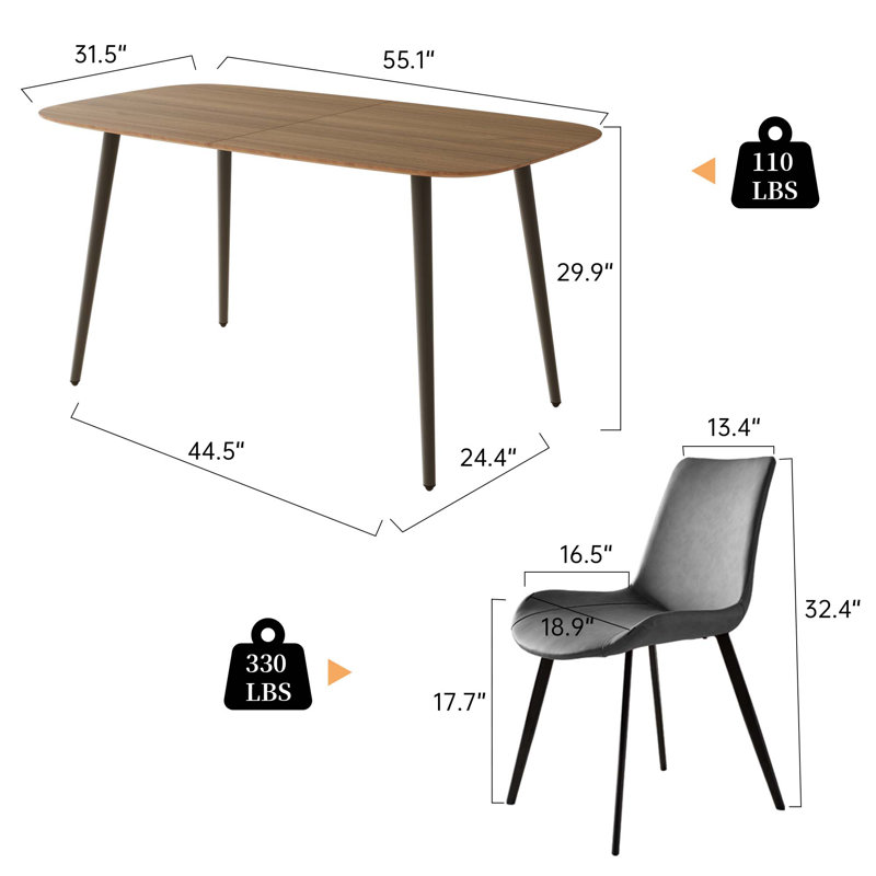 Table de salle à manger de 55 po avec 4 chaises rembourrées, Brun clair et noir, Gris