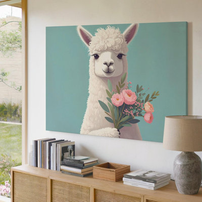 Canvas Wall Art Fluffy Llama With Flowers Canvasboho Nursery Ready To Hang Gallery Wrapped Home Decor Modern Design Premium Quality