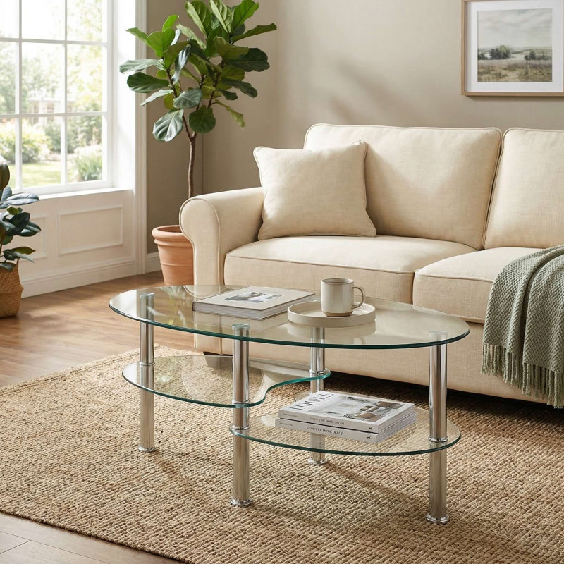 Table basse ovale en verre trempé moderne et robuste pour le salon, Transparent