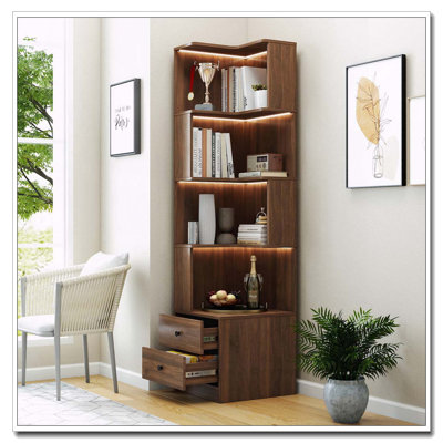 Corner Bookshelf with Drawers and LED Lights