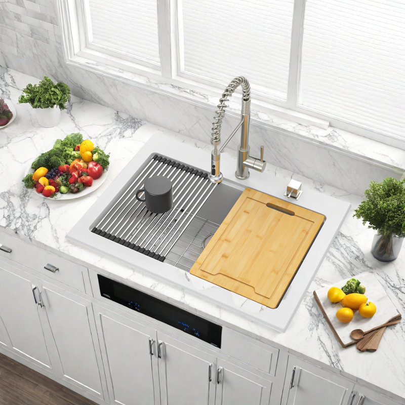 Lavabo encastré en composite blanc 30 x 22 po avec rainures de drainage, quartz de qualité professionnelle