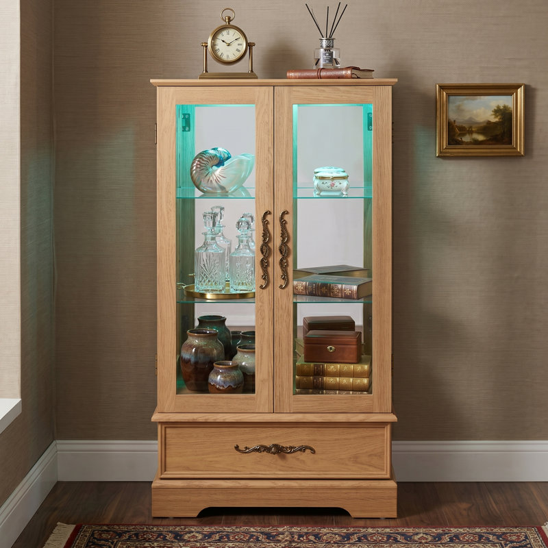 Vitrine lumineuse vitrée à 2 portes avec tablettes réglables, tiroir intégré et ampoule incluse, Chêne clair
