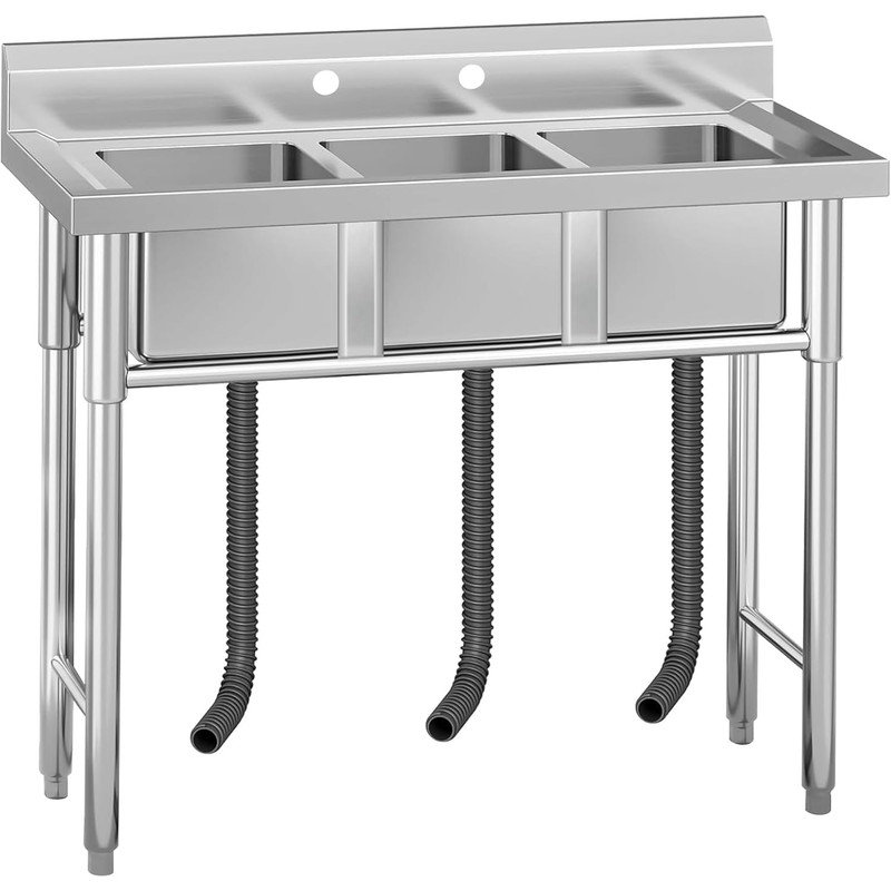 Évier utilitaire à 3 cuves 57 po x 26 po x 35,4 po - autoportant avec tablette de rangement
