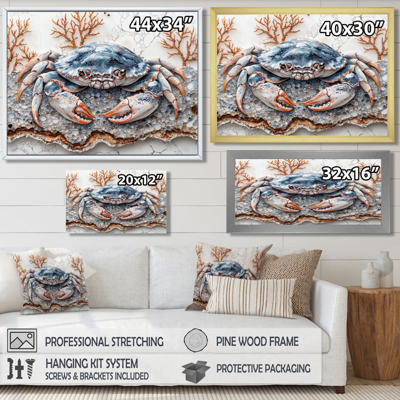 Aquarium bleu et blanc avec grand crabe II - crabe, art mural encadré, H 16 po x l 32 po, Cadre flottant, Crème, crème