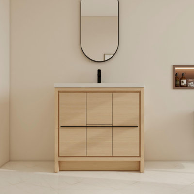 Ensemble de meuble-lavabo simple sur pied 36 po avec lavabo en résine, meuble-lavabo autoportant avec 2 portes, 2 tablettes et 2 tiroirs