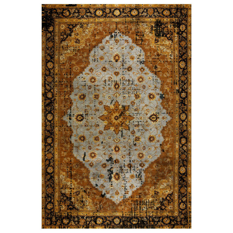 Girvin Yellow Oriental Machine Printed Cotton Polyester Area Rug, Rectangle 4' x 6'7"