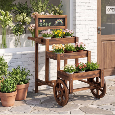 Présentoir à 3 niveaux pour plante en bois de sapin carbonisé avec tableau noir et 2 roues