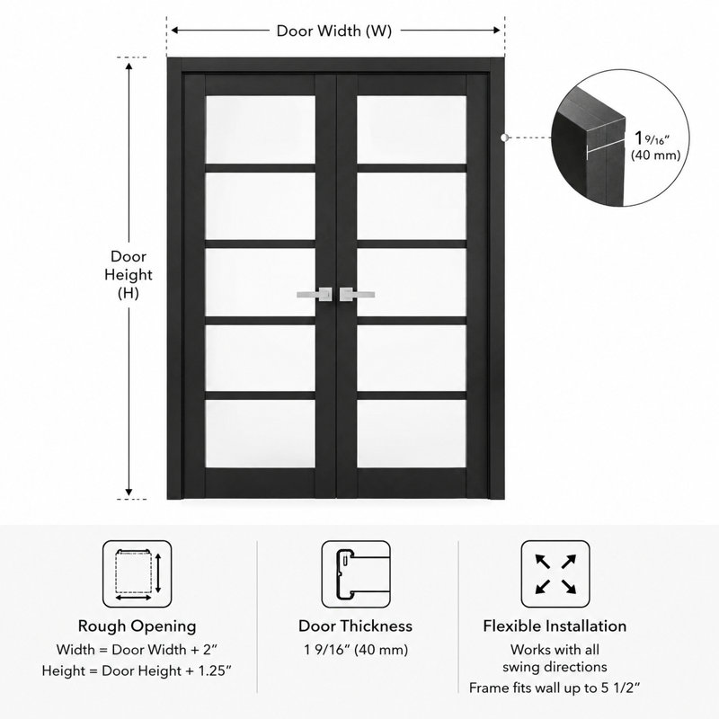 Portes doubles françaises massives Quadro 4522 Noir mat avec vitrage clair, cadre en bois massif, portes robustes pour placard ou chambre à coucher, 56 x 80 (2 x 28 x 80)