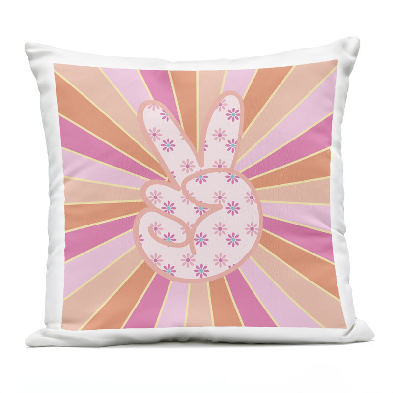 Coussin d'extérieur imprimé à la main «Beaming Peace Sign» par Jesse Keith