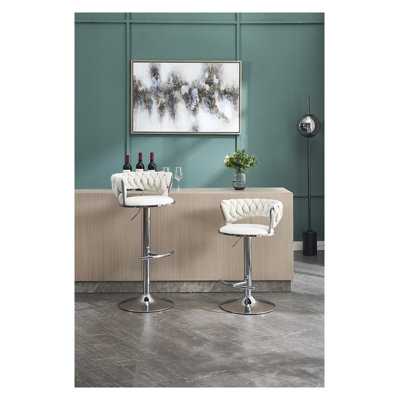 Ensemble de 2 tabourets de bar, avec repose-pieds chromé et base pivotante en velours à hauteur réglable et tabouret de bar simple chromé - Crème