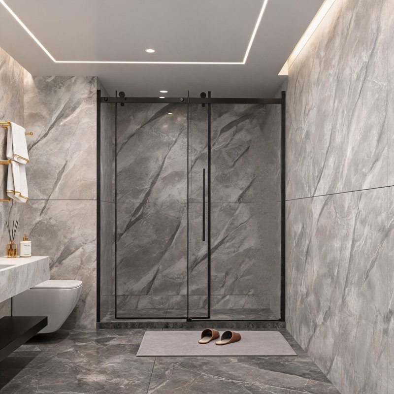 Porte de douche coulissante simple, sans cadre, noire, 152 cm x 183 cm, avec verre trempé transparent de 6 mm d'épaisseur et système de rail à roulettes en zinc.