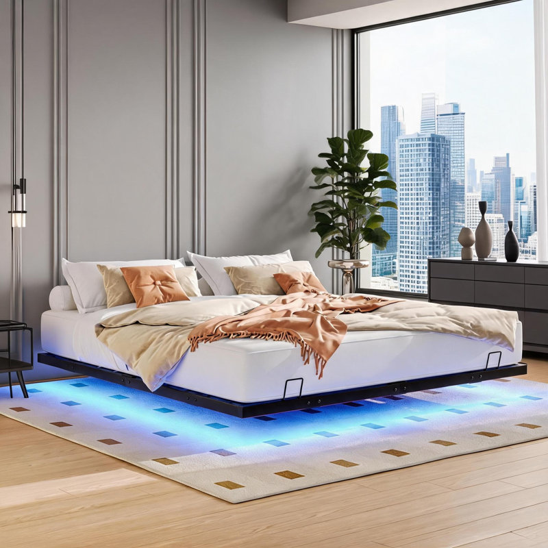 Grand lit plateforme en métal, style flottant avec lumières DEL sous le lit, cadre de lit solide noir classique