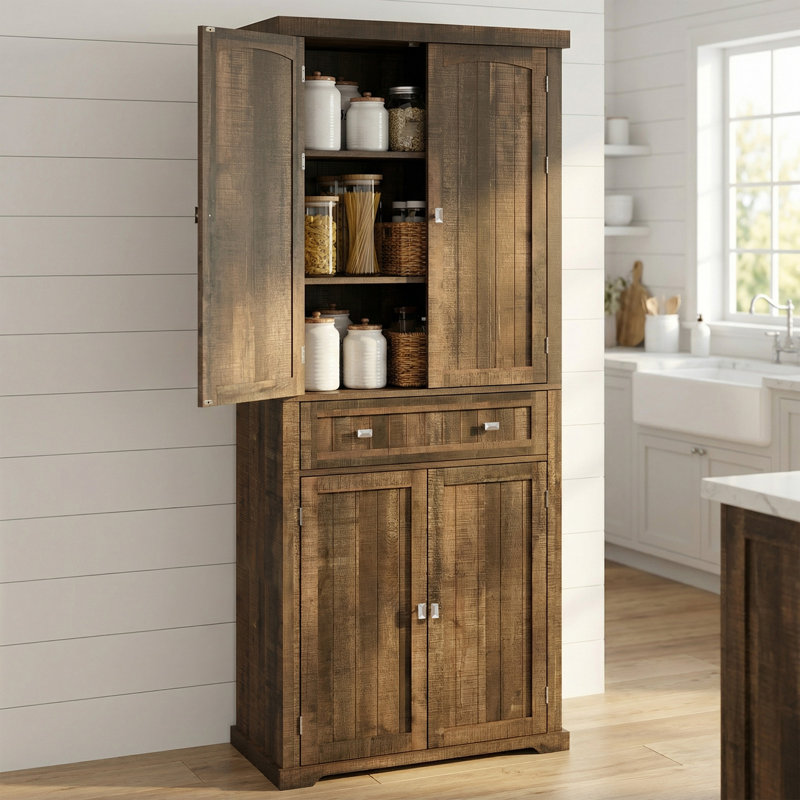 Garde-manger avec tiroir, 2 armoires, 6 tablettes réglables,, Brun