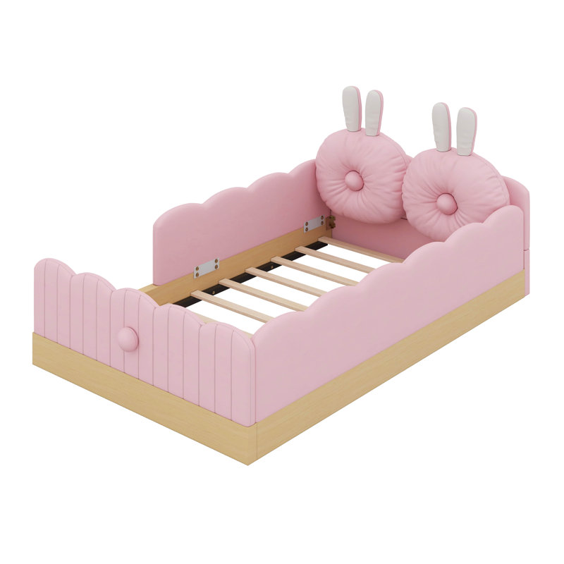 Lit simple au sol en velours Montessori avec 2 coussins rembourrés, garde-corps de clôture, Rose