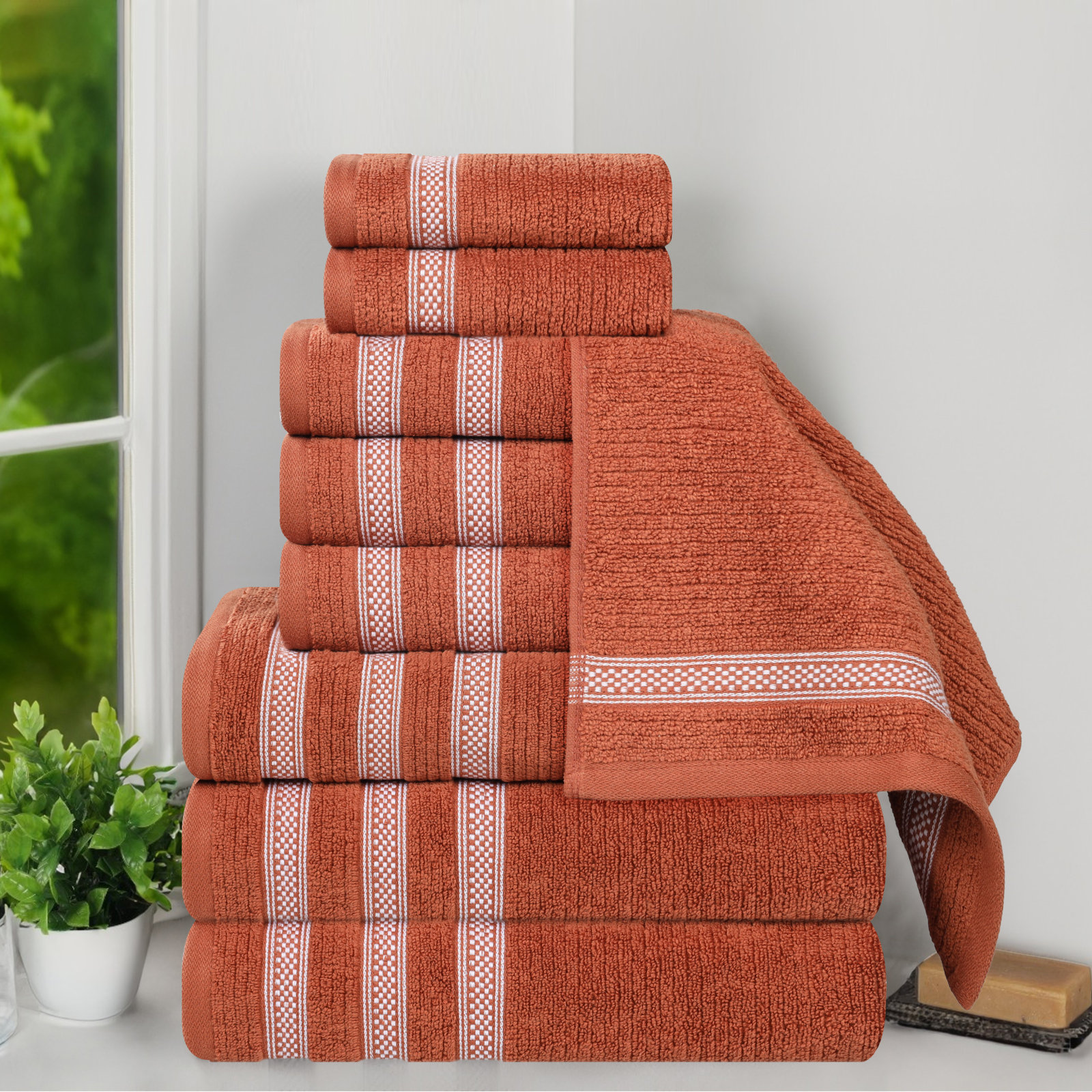 9-Piece Geometric Zero-Twist Cotton Towel Set, Rust, 9PCs set: (3 Face, 3 Hand & 3 Bath towels)