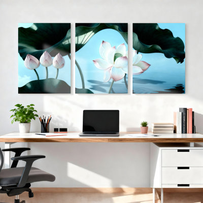 Lotus Flower Water Reflection Canvas Wrapped Wall Art Oil Painting Print Set of 3