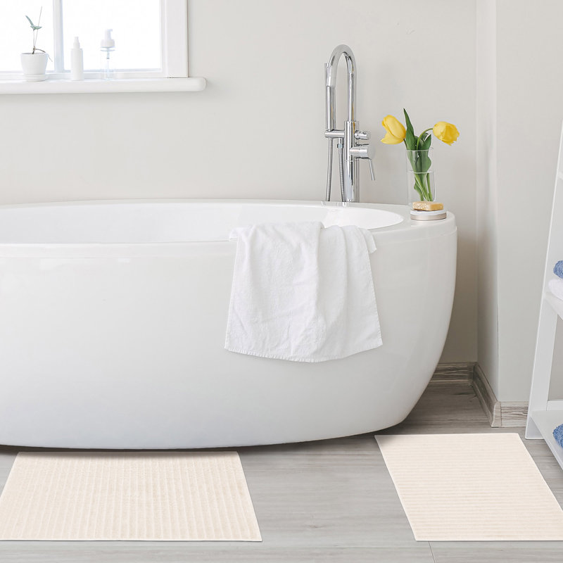 Pardue Cotton Geometric-Striped Reversible 2 Piece Bath Mat Set, Ivory, Solid Color