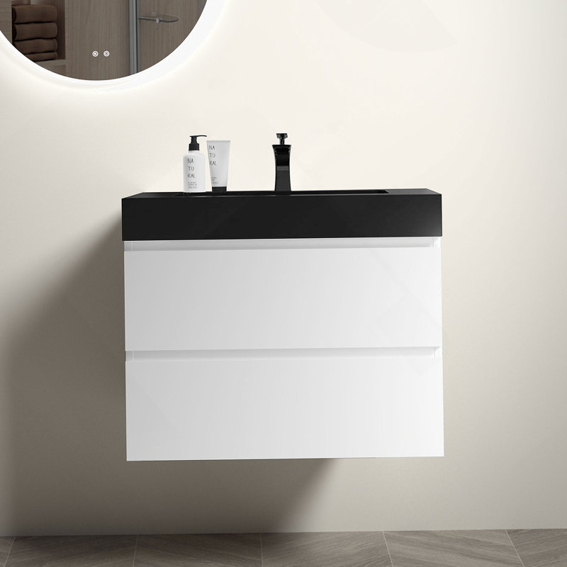 Meuble-lavabo mural flottant avec lavabo et rangement, 30", Blanc
