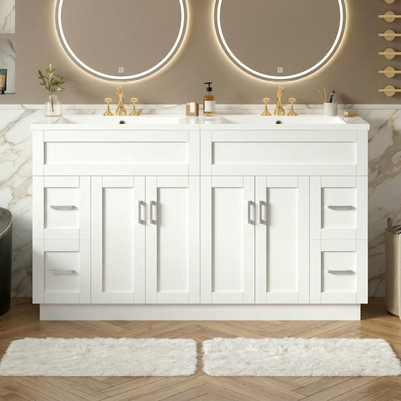 Ensemble de meuble-lavabo double 60 po avec lavabo 60 po, 8 compartiments de rangement, fermeture en douceur