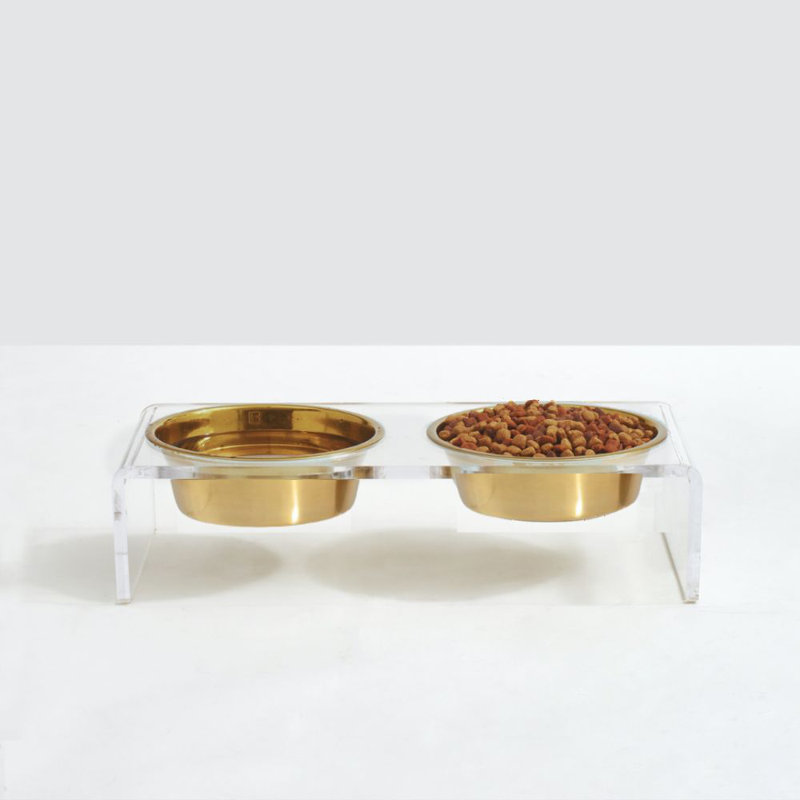 Clear Elevated Feeder with Gold Bowls, 1.5 cups