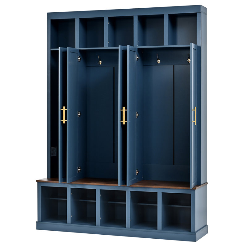 Arbre d'entrée avec armoire-penderie, rangement pour chaussures et casiers de présentation, Marine
