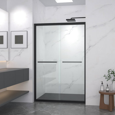 44 - 48" Adjustable Double Sliding Glass Shower Enclosure With Tempered Glass, Aluminum Frame, Handle As Towel Rail, Waterproof Design For Bathroom Width & Black Hardware, In