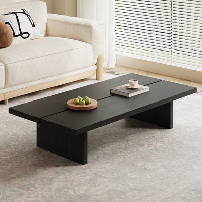 55" Modern Minimalist Split Black Coffee Table, Rectangular Wood Center Table for Living Room