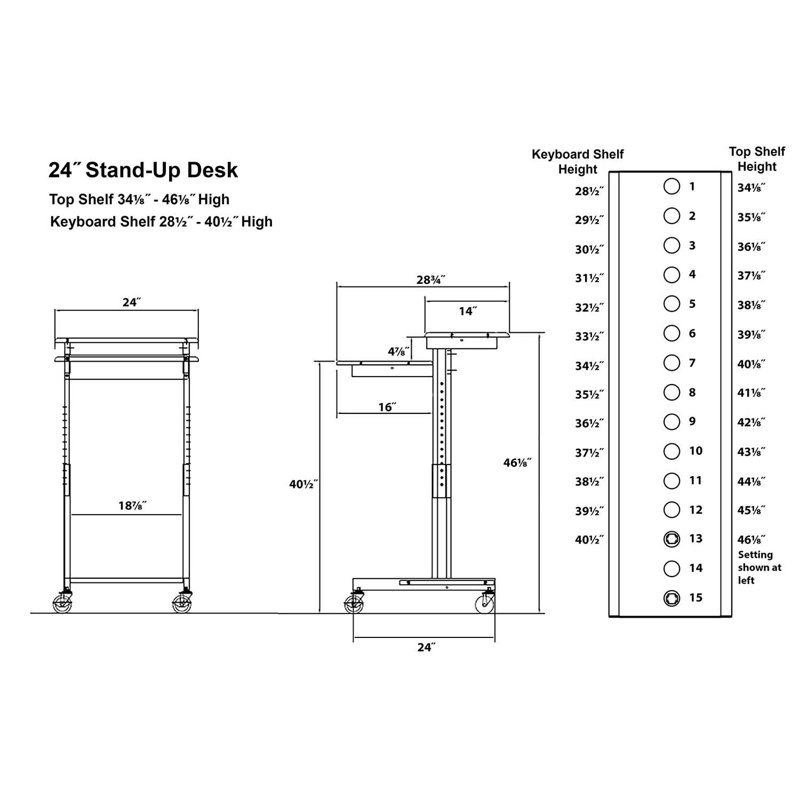 Bureau debout à hauteur ajustable Rolling, Teck / Noir, H 46,1 po x l 24 po x P 28,8 po