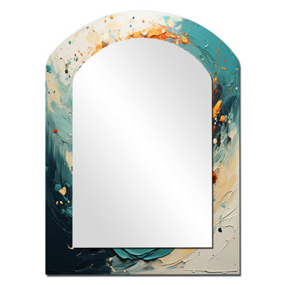 Spiral Marriage Of Electric Amber And Teal III - Abstract Spirals Asymmetrical Decorative Mirror, Modern Arch Large Wall Mirror, Printed Metal Art