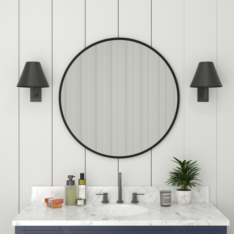 Miroir mural rond en métal, Noir, 30 po x 30 po