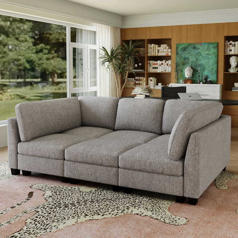 3-Seater Modular Sofa Chaise Lounge, Frostvelvet Upholstery Sofa Bed, Gray Polyester Blend, 35.4" H x 86.2" W x 45.7" D