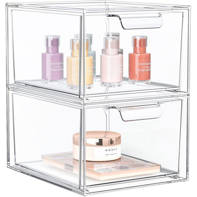 Ensemble de 2 organisateurs de maquillage empilables en acrylique transparent avec poignées