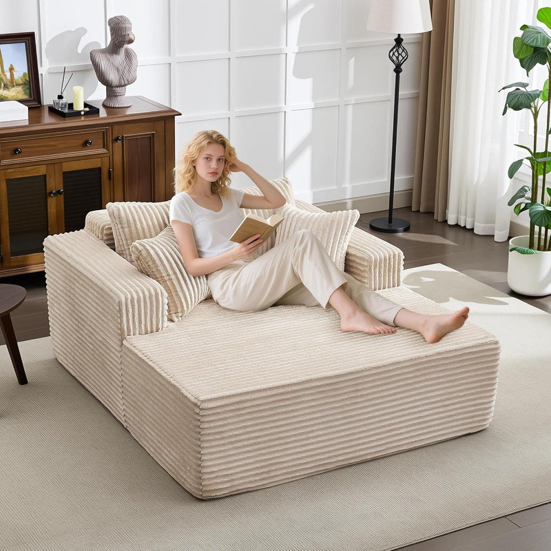 Boneless 61" Oversized Corduroy Sofa Bed with 4 Pillows, No Assembly Cloud Chaise Lounge for Home Office, Cream