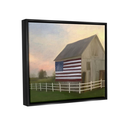 «American Flag», «Barn Barn Sunset Farm Landscape» par Amy Hall, peinture sur toile à cadre flottant