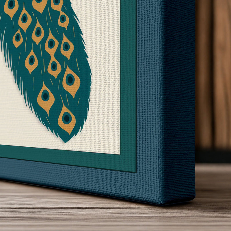 Elegant Peacock Profile Botanical - Wrapped Canvas, 24x16 - 61.0 x 40.6 cm, Teal Border